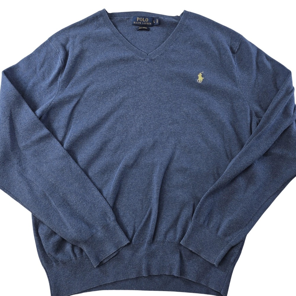 Polo Ralph Lauren Sweater Mens‎ L Blue V-Neck Pullover Lightweight Cotton